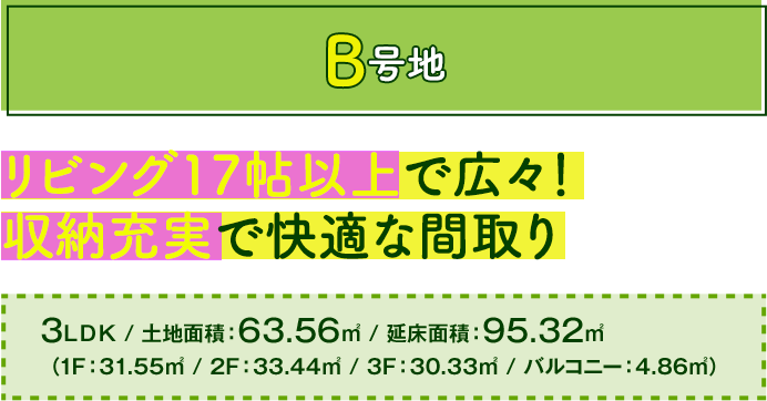 リビング17帖以上で広々！ 収納充実で快適な間取り/3LDK / 土地面積：63.56㎡ / 延床面積：95.32㎡（1F：31.55㎡ / 2F：33.44㎡ / 3F：30